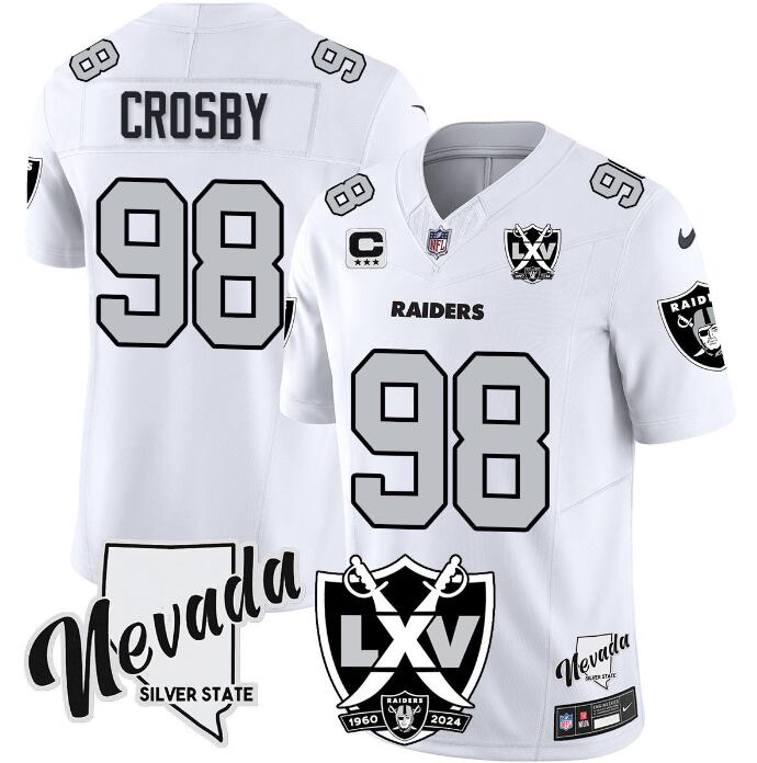 Men's Las Vegas Raiders #98 Maxx Crosby White 2024 F.U.S.E. With Nevada Silver Stat Patch And 65th Anniversary Patch 3-Star C Patch Football Stitched Jersey